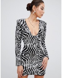 Missguided Sequin Mini Dress With Shoulder Pads In Zebra
