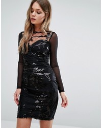 Lipsy Sequin Patterned Dress With Mesh Long Sleeve