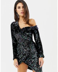 Lavish Alice Sequin Velvet Off Shoulder Asymmetric Mini Dress