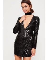 Missguided Black Sequin Plunge D Ring Wrap Dress
