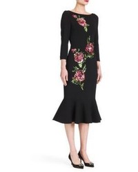 Dolce & Gabbana Sequin Rose Wool Crepe Flutter Hem Dress