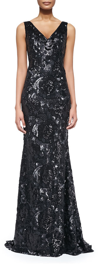 Carmen Marc Valvo Sleeveless Floral Sequined Mermaid Gown | Where to ...