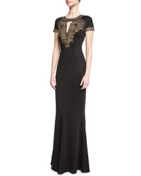 St. John Collection Sequined Keyhole Short Sleeve Gown Caviar