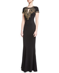 St. John Collection Sequined Keyhole Short Sleeve Gown Caviar