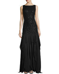 Halston Heritage Sleeveless Sequined Lace Bodice Gown