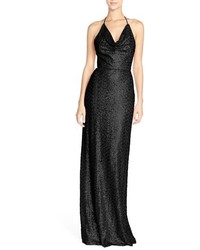 Amsale Honora Draped Sequin Tulle Halter Gown
