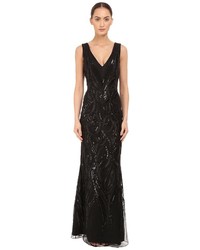 Marchesa Notte Sleeveless V Neck Gown With Sequin And Ribbon Embroidery Dress