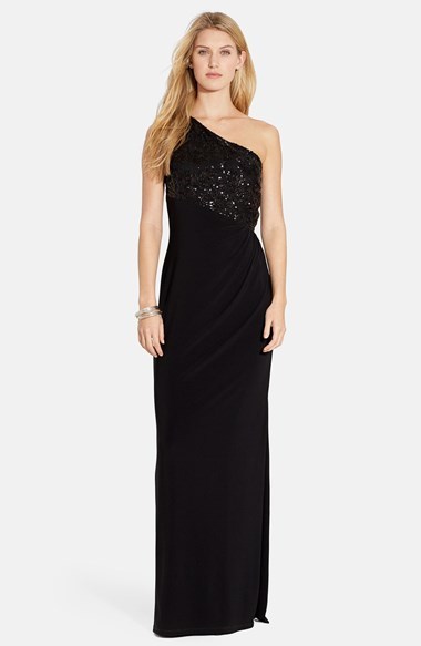 One Shoulder Sequin Bodice Jersey Gown 