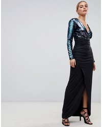 Outrageous Fortune Sequin Plunge Front Midi Dress With Wrap Skirt In Blue Glitter Contrast