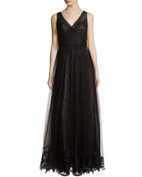 Theia Sequined Sleeveless Tulle Gown Black