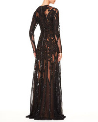 Elie Saab Sheer Sequin Gown Black