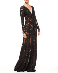 Elie Saab Sheer Sequin Gown Black