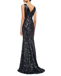 Carmen Marc Valvo Sleeveless Floral Sequined Mermaid Gown