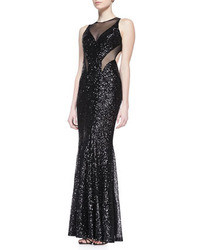 Faviana Sleeveless Sequined Mesh Gown With Cutout Back Black