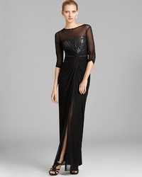 Adrianna Papell Veiled Sequin Gown Three Quarter Sleeves