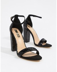 Miss Selfridge Block Heel Sequin Sandals In Black