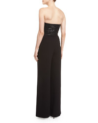 St. John Collection Strapless Sequined Wide Leg Jumpsuit Caviar