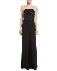 St. John Collection Strapless Sequined Wide Leg Jumpsuit Caviar