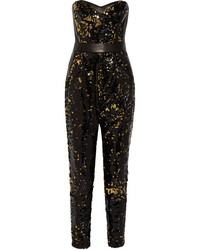 Milly Leather Trimmed Sequined Tulle Jumpsuit