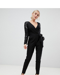 Little Mistress Petite Little Mistress Wrap Front Jumpsuit With Sequin Sleeves And Exposed Back