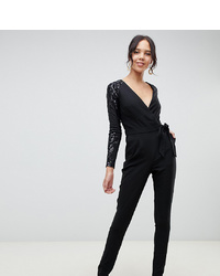 Little Mistress Tall Sequin Sleeves Wrap Front Jumpsuit