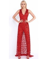 mac duggal jumpsuit with train
