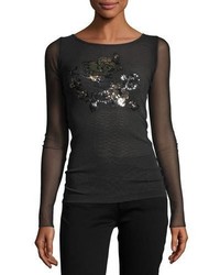 Fuzzi Long Sleeve Sequin Trimmed Tulle Tee