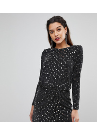 Flounce London Sequin Mini Dress With Shoulder Pads In Black And Silver
