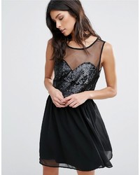 Pussycat London Skater Dress With Sequin And Mesh Top