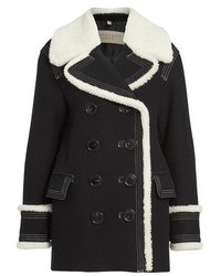 Burberry Brit Colstead Wool Blend Coat With Leather Genuine Shearling Trim