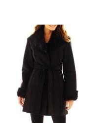 Excelled Leather Faux Shearling Belted Coat Black