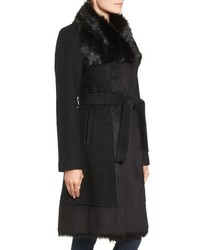 Vince Camuto Faux Shearling Trim Belted Wool Blend Long Coat