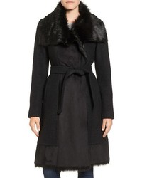 Vince Camuto Faux Shearling Trim Belted Wool Blend Long Coat