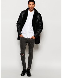 Asos Brand Double Breasted Asymmetric Faux Shearling Jacket In Black
