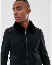 Pull&Bear Cord Jacket With Faux Fur Collar In Black