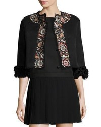 RED Valentino Embroidered Shearling Fur Cropped Jacket Black