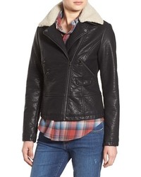 Steve Madden Faux Leather Moto Jacket With Faux Shearling Collar