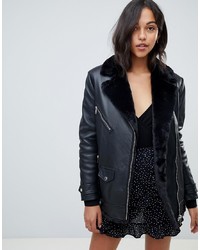 LAB LEATHER Longline Biker Jacket With Faux Fur Internal And Collar