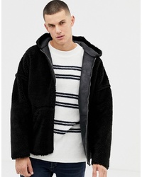 ASOS DESIGN Reversible Faux Shearling Jacket With Hood In Black