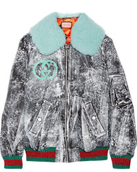 Gucci Shearling Trimmed Painted Gabardine Bomber Jacket Black