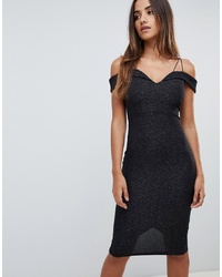 Scarlet Rocks Bardot Strappy Midi Dress In Black Metallic Metallic