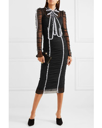 Dolce & Gabbana Lace Trimmed Stretch Tulle Midi Dress Black