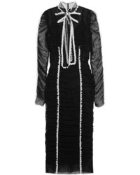 Dolce & Gabbana Lace Trimmed Stretch Tulle Midi Dress Black