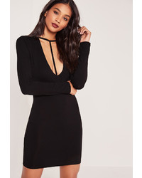 Missguided T Harness Front Long Sleeve Bodycon Dress Black
