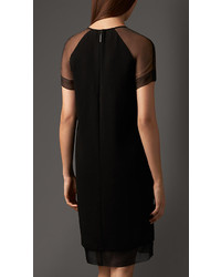Burberry Crepe Shift Dress With Sheer Sleeves
