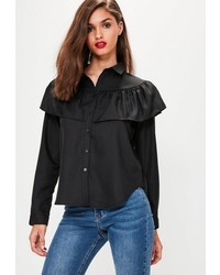 Missguided Black Frill Long Sleeve Collared Shirt