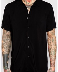 Asos Brand Black Shirt In Viscose With Revere Collar In Regular Fit