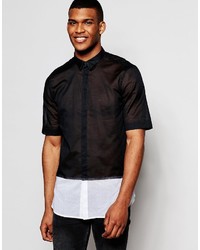 Asos Brand Sheer Shirt In Black With Contrast Hem And Half Sleeves In Regular Fit
