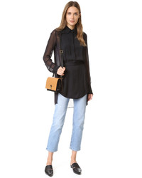 DKNY Collared Half Button Shirt With Sheer Back