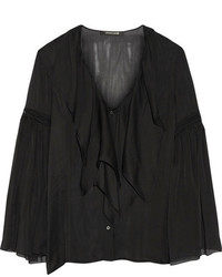 Roberto Cavalli Crochet Trimmed Ruffled Silk Chiffon Shirt Black